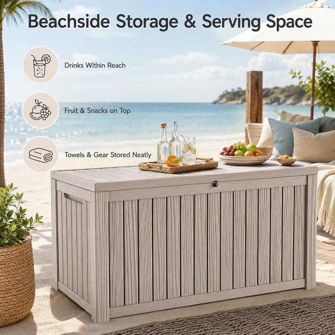 Outdoor Deck Patio Storage Box - 200 Gallon Large Outdoor Deck Box, Plastic Storage Bin with Lid, Outside Toy Box & Pool Storage Container for Cushions, Garden Tools, Towel, Brown