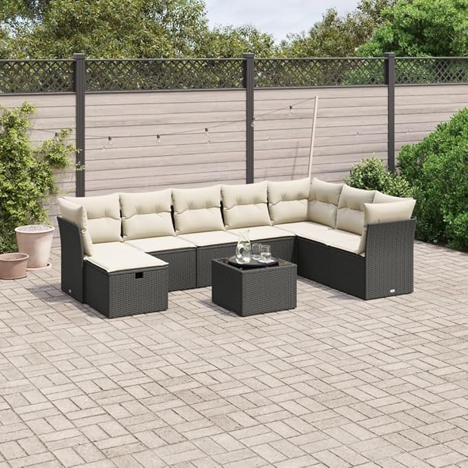 vidaXL Patio Sofa Set with Cushions 9 Piece, Outdoor Conversation Set, Sectional Sofa for Balcony Garden, Modern Style, Black Poly Rattan
