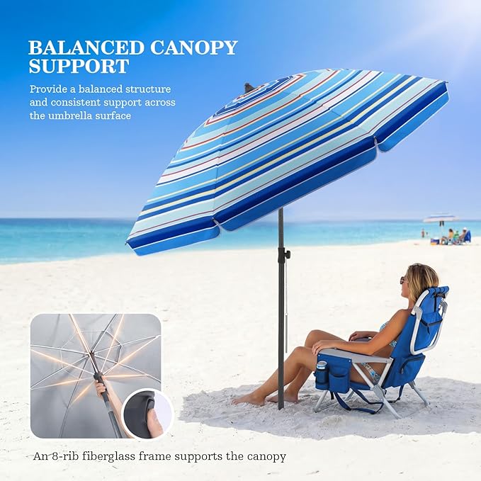 UIRWAY Beach Umbrella, Heavy Duty Windproof Beach Umbrellas with Sand Anchor & Tilt, Sun Protection Portable Beach Umbrella with Carrying Bag for Beach, Patio Garden Pool Outdoor
