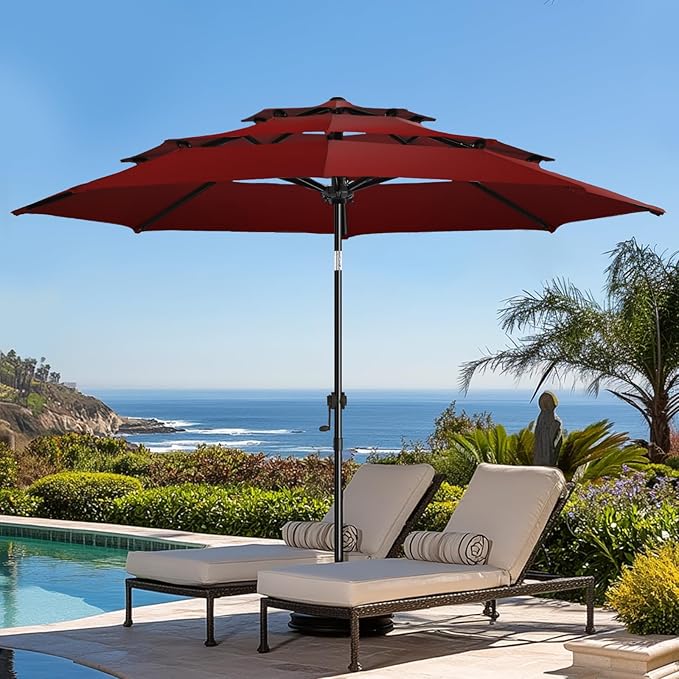 wikiwiki 9ft 3-Tier Patio Umbrella Outdoor Table Market Umbrella for Patio with Push Button Tilt/Crank, Fade Resistant Waterproof POLYESTER Canopy for Garden, Lawn, Deck, Backyard & Pool, Burgundy Red