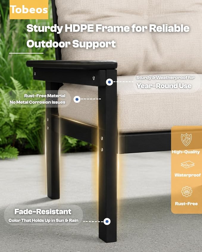 HDPE 7 Piece Patio Furniture Set, All-Weather Outdoor Couch Set with Thick Cushions & Coffee Table & Side Table, Patio Conversation Sets for Lawn, Garden, Porch, Balcony, Deck, Black & Beige
