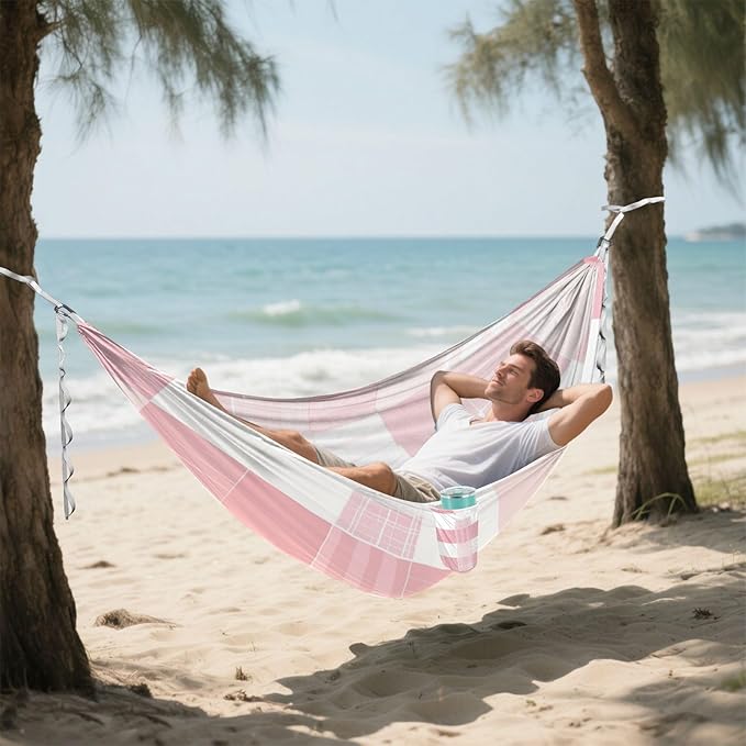 Light Blush and White Checkered Pattern 330lb Capacity Hammocks for Camping with Portabl Carry Bag Backyard Hammock for Outside Camping Essentials jamaca para Patio