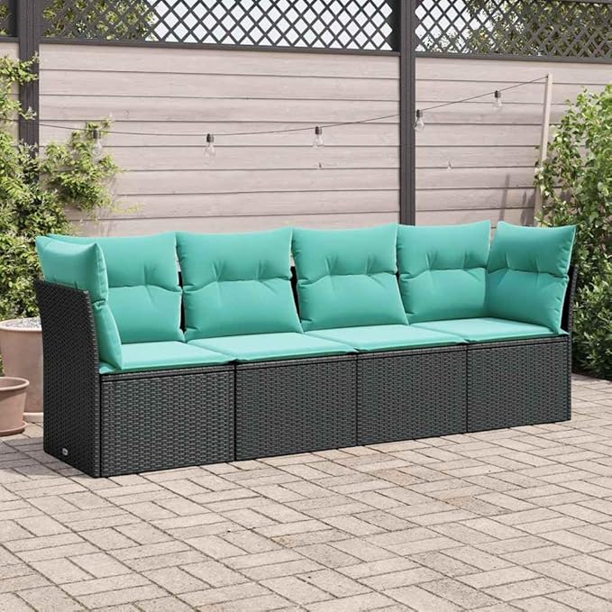 4 Piece Patio Sofa Set with Cushions, Patio Conversation Set Porch Furniture Set Outdoor Sofa Sets Front Porch Furniture for Exhibition Garden Piazza Poolside Black Poly Rattan