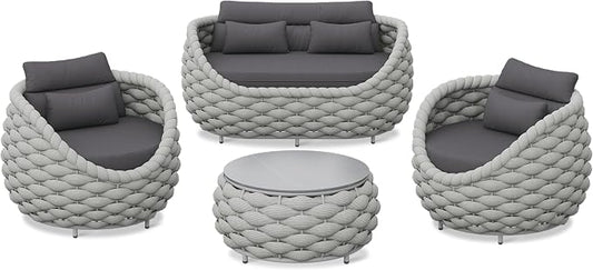4-Piece Aluminum Wicker Patio Furniture Set, All Weather Rattan Conversation Sofa with Waterproof Cushion & Round Coffee Table, Indoor Balcony Backyard Sectional Couch, Dark Grey