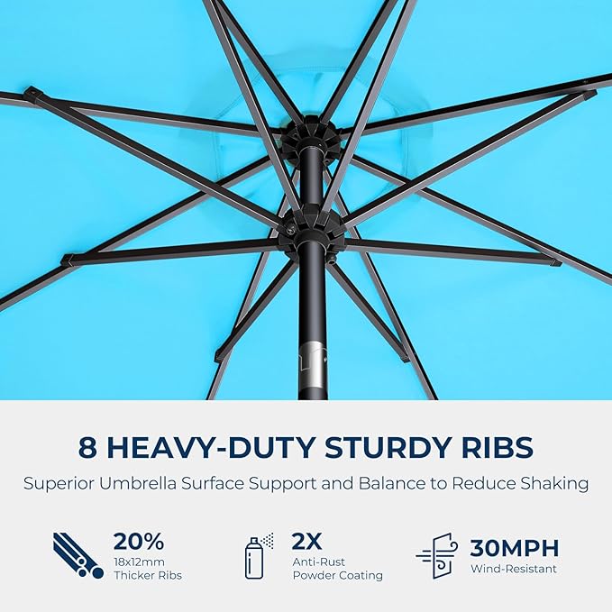 HOMSHADE 9ft Solar Patio Umbrella - Solar Lights LED Lighted Outdoor Market Table Umbrella, UPF50+ UV Protection with Push Button Tilt, Crank for Pool Deck and Garden (Light Blue)