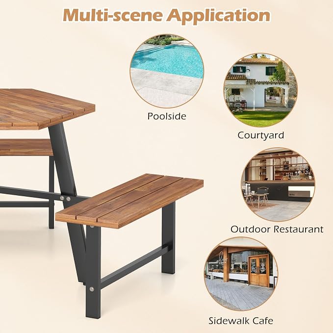Giantex Picnic Table Bench Set for 6, Acacia Wood Outdoor Dining Table Set with 3 Seats, 1.97" Umbrella Hole, 1720 LBS Capacity, Heavy Duty Metal Frame, for Front Porch Patio Lawn Garden