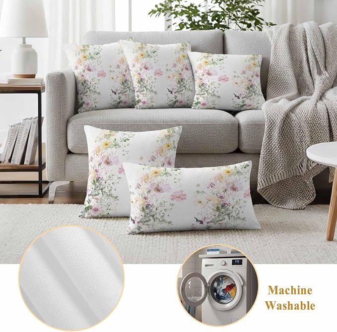 Watercolor Flowers Outdoor Waterproof Throw Pillow Covers Set of 2, 20"x20", Spring Retro Floral Purple Green Yellow Decorative Pillow Covers Outside Cushion Case for Patio Porch Garden