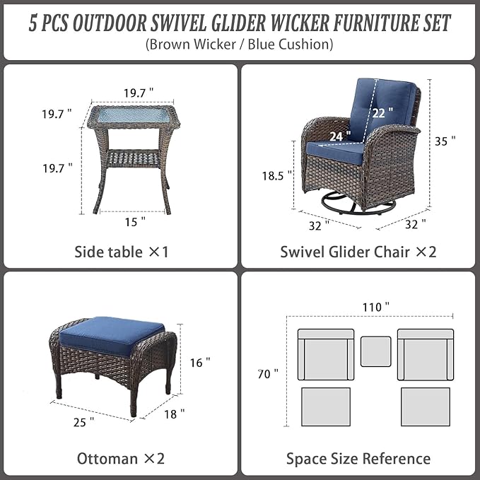 Belord 5 Piece Swivel Rocker Glider Outdoor Chairs Set of 2 with Ottoman and Glass Side Table Patio Bistro Furniture Set, Comfort High Back Wicker Patio Conversation Set for Deck Porch Sunroom