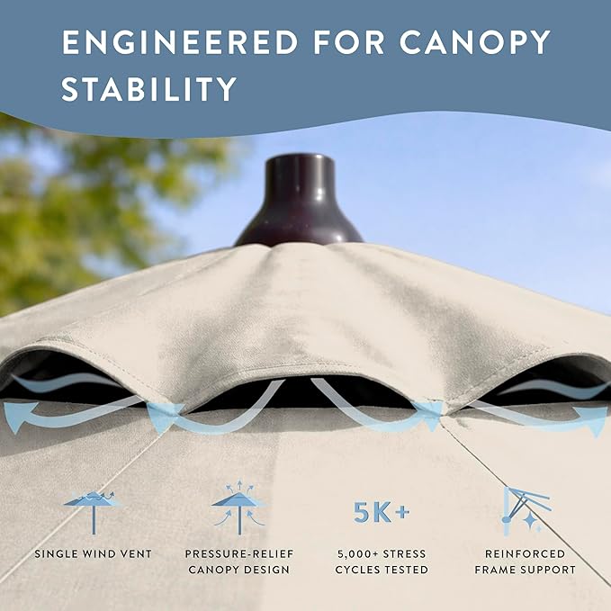 California Umbrella 12-Year Protection 9-Ft Outdoor Patio Umbrella, Sunbrella Fade-Resistant Fabric, Auto-Tilt, Heavy Duty Aluminum Frame, 8 Reinforced Ribs for Pool or Deck, Bronze Pole, Canvas