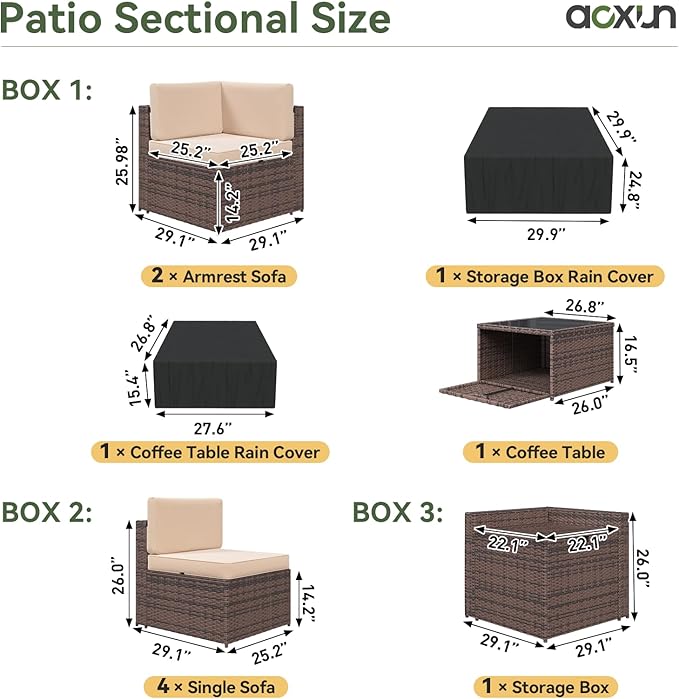 Aoxun 9 Piece Patio Furniture Set with 44” Fire Pit Table, Wicker Outdoor Furniture Set with Storage Box, Patio Sectional Set with Cushions and Waterproof Cover (Brown & Khaki)