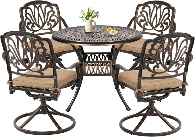 TITIMO 5-Piece Cast Aluminum Outdoor Patio Dining Set, 4 Pattern Chairs and Table, Cast Aluminum Conversation Set with 2.2” Umbrella Hole, 1 Round Table and 4 Swivel Chairs with Cushions (Khaki)