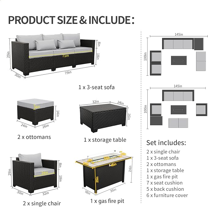 Patio Furniture Set 45 In Outdoor Fire Pits 6 Pieces Outdoor Patio Furniture 60000 BTU Outdoor Propane Fire Pit Table Patio Sofa Outdoor Chairs Anti-slip Cushions Waterproof Covers, Light Grey