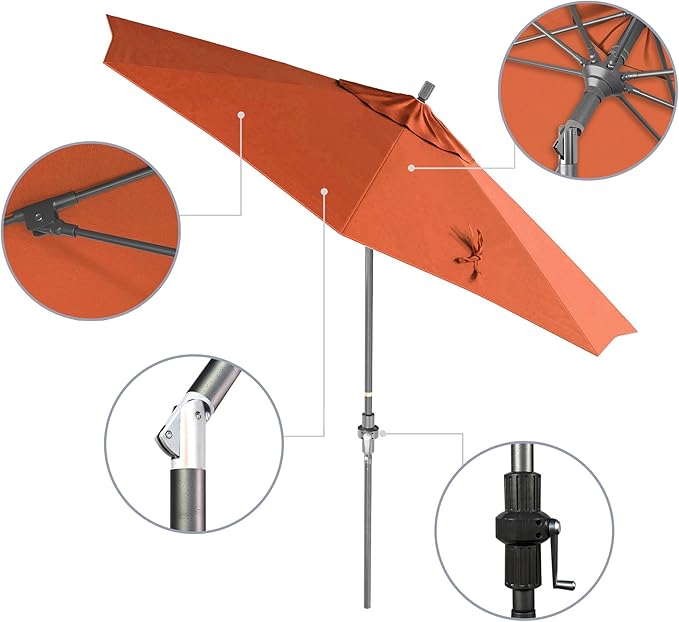 California Umbrella 9' Rd. Crank Lift, Collar Tilt, Aluminum Pole, Fiberglass Rib Patio Umbrella, Hammertone Grey Finish, Sunbrella Melon