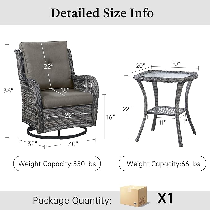 Outdoor Swivel Rocker Patio Chairs with Side Table 3 Pieces PE Wicker Patio Furniture Set for Porch Deck Balcony Garden-Grey/Grey