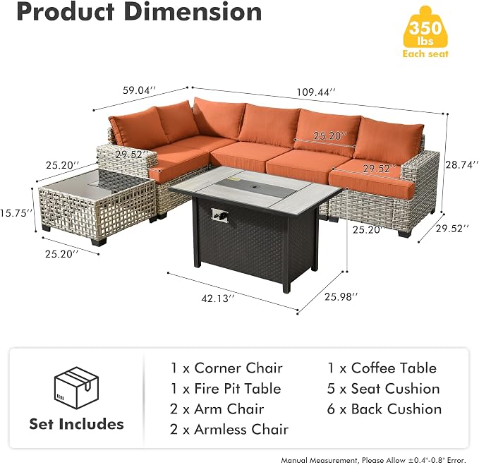 7 Pcs Outdoor Sectional Patio Furniture Set with Fire Pit Table - All Weather Wicker Modular L Shaped Outside Sectional Couch,Patio Seating Outdoor Conversation Sets for Deck Yard Garden,Orange Red