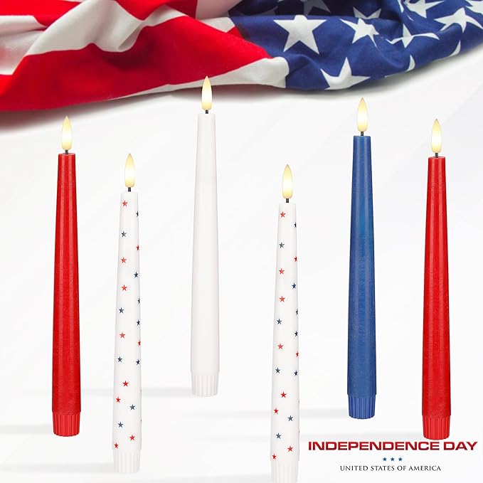 Patriotic Flameless Taper Candles With 3D Wick - 9.6" Real Wax Red White and Blue With Remote and Timer - 4th of July LED Battery Operated Fake Candles, 3 Pack