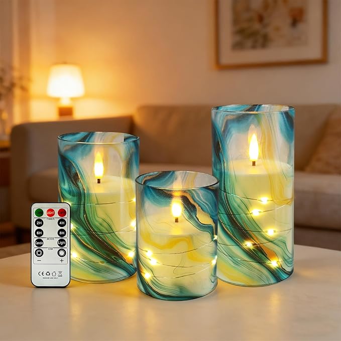 Flickering Flameless Candles, Recessed String Light LED Candles 3D Wick Acrylic Battery Operated LED Pillar Candles with Remote and Timer for Modern Simple Home Decor Set of 3(Marble Printed)