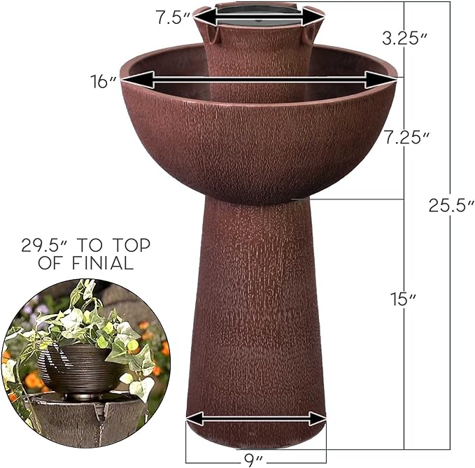 Bernini Alba Cordless Water Fountain, 26" Battery Powered Water Fountains with 3-in-1 Finial, Outdoor or Indoor for Garden, Patio, Porch, & Home, Water Fountain Tower & Planter for Backyard (Taupe)