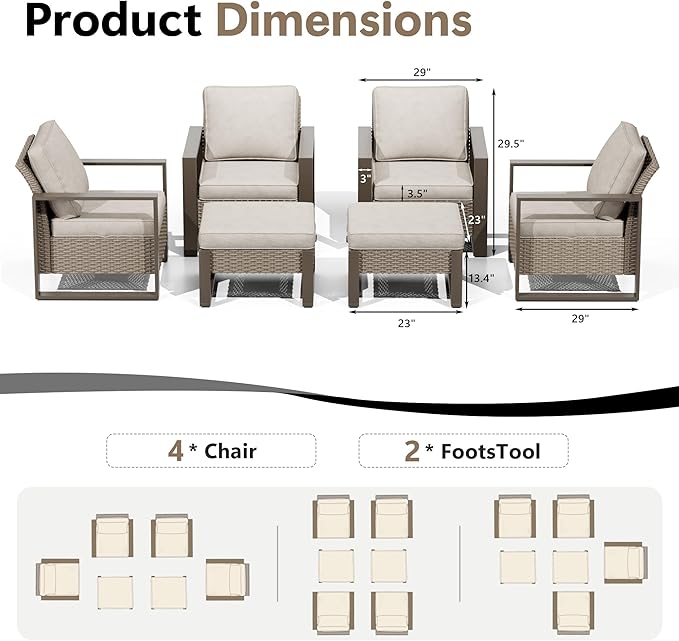Outdoor Patio Furniture Set, 6 Piece Wicker Patio Conversation with Deep Seating, Thicken Cushions, Outdoor Club Chair, Metal Outdoor Furniture for Deck, Porch, Yard Use (Beige, 6 PCS/Chairs)
