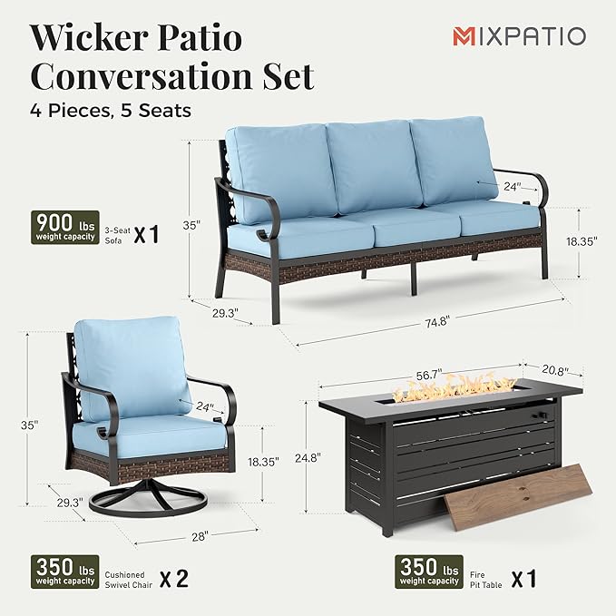 Patio Furniture Set with Fire Pit Table, 4 PCS Metal Outdoor Conversation Set with 5.75'' Extra Thick Cushion, 2 Swivel Chairs, 3-Seat Sofa and Gas Fire Pit Table, Blue