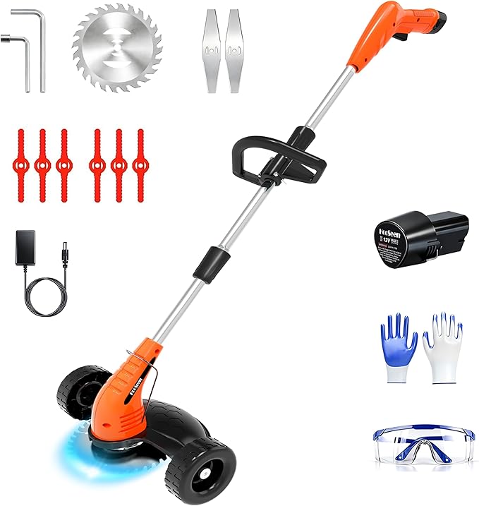 Cordless Weed Wacker, Grass Trimmer with 3 Types Blades and 2.0Ah Li-Ion Battery Powered,12V Electric Weed Trimmer/Edger for Garden Yard Work and Lawn Care（Orange）