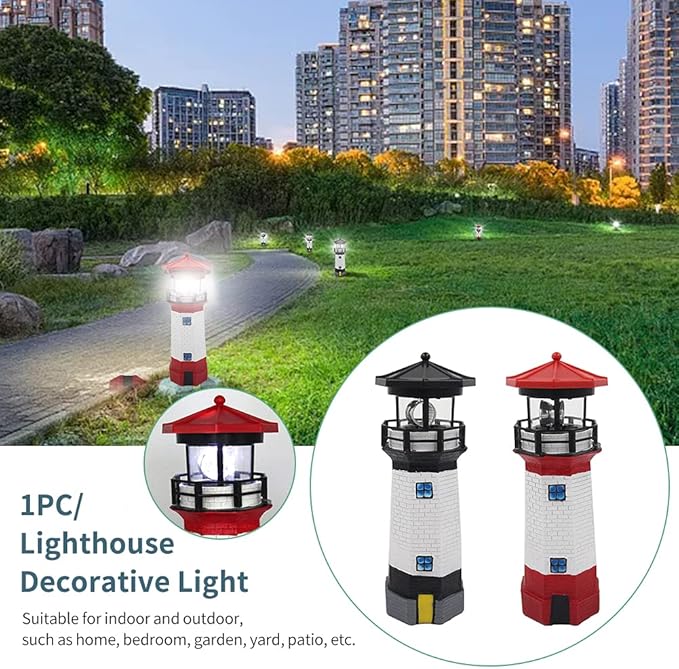 LED Solar Powered Lighthouse, Indoor Outdoor Lighthouse with Rotating Beacon LED Lights, Courtyard Waterproof Landscape Lights for Garden Patio Landscape Outside Yard Gifts red