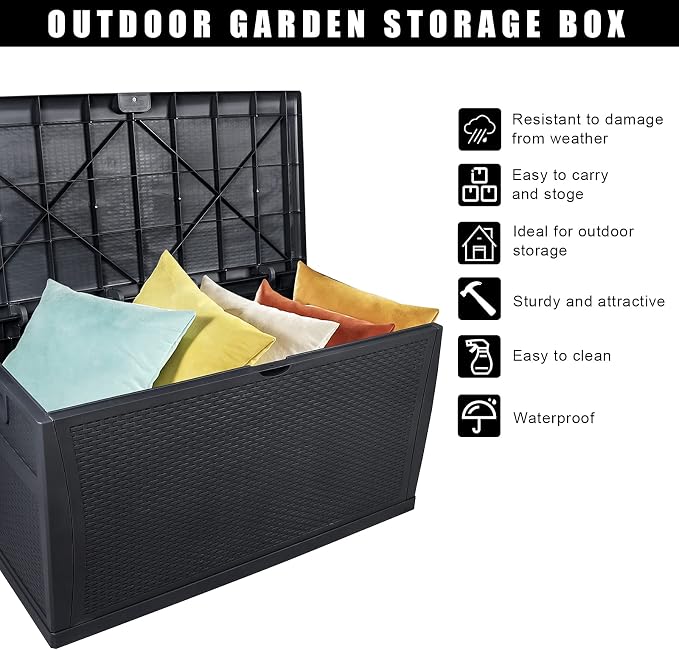 Spaco 113gal120gal Outdoor Garden Plastic Storage Deck Box Outdoor Patio Garden Furniture Lockable Seat Waterproof for Indoor, Outdoor, Garden, Courtyard (Black, 120gal)