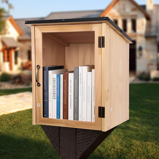 Little Free Library Box Outdoor – Waterproof Outdoor Library Book Box, Little Wooden Cabinet for Sharing Books, Art, Newspapers – DIY Paintable, Clear Window, Magnetic Lock