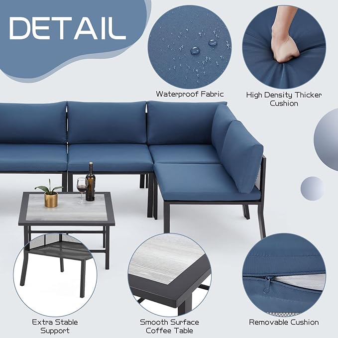 AECOJOY 7 Pieces Patio Furniture Set, Metal Mesh Fabric Outdoor Conversation Sets with Cushions and Wooden Table, Metal Outdoor Sectional Furniture for Backyard, Balcony, Lawn, Garden (Blue)