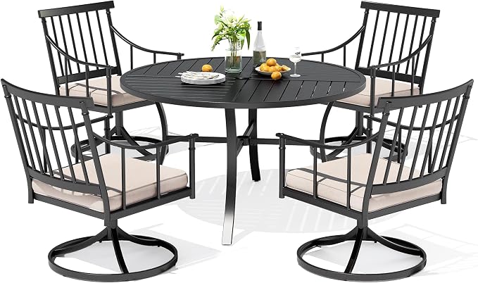 PHI VILLA Patio Dining Set, Swivel Chairs, 42" Round Metal Table | Metal chairs, 1.57" umbrella hole, 360° swivel, Cushions
