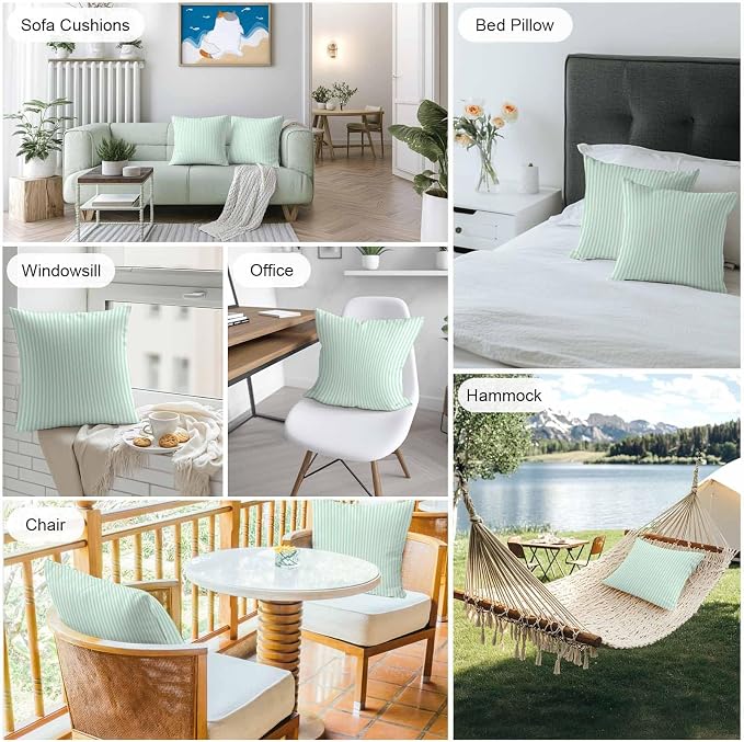 Throw Pillow Covers 16x16 Inch Set of 2, Green White Stripe Waterproof Outdoor Cushion Covers, Modern Minimalist Geometric Striped Decorative Pillowcases for Couch, Sofa, Bed, Garden, Patio