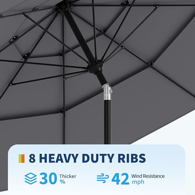 GarveeTech Patio Umbrella, 3-Tier Vented Canopy with Hand Crank, Push-Button Tilt Outdoor Umbrella, Alloy Rib Frame for Pool, Backyard and Deck, 9FT Grey