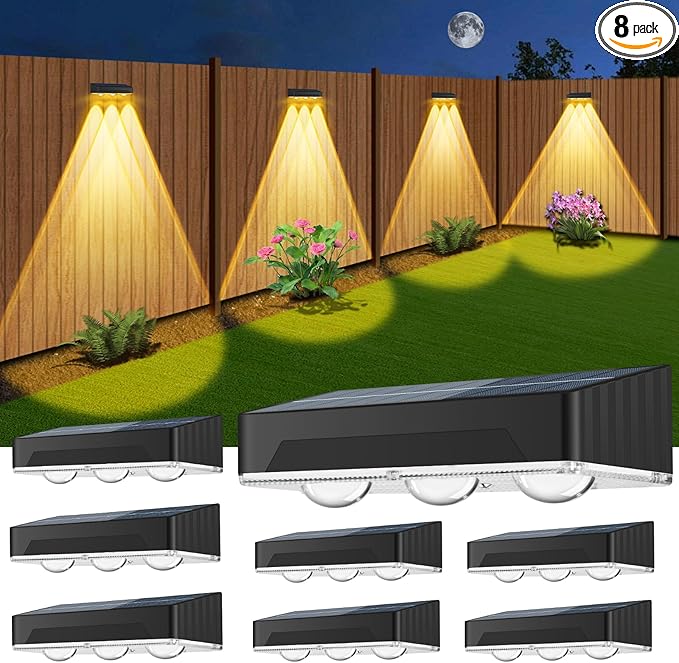 Solar Fence Lights Outdoor 8 Pack Waterproof Upgraded Brightness 3 LED Lens Solor Deck Lights Warm Cool Natural White RGB 10 Color Outside Solar Powered Wall Light for Backyard Garden Patio Step Rail