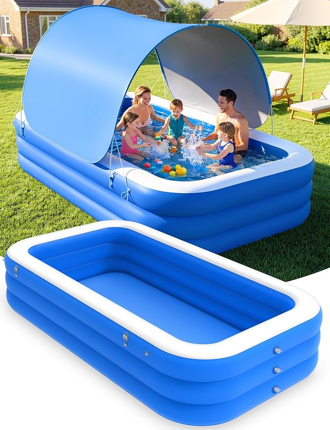 MoKo Inflatable Swimming Pool with Canopy, Large Blow Up Pool with Shade for Adults Kids Kiddie Toddler, 102" × 65" × 23" Big Foldable Family Above Ground Pools for Backyard Garden, Blue/White