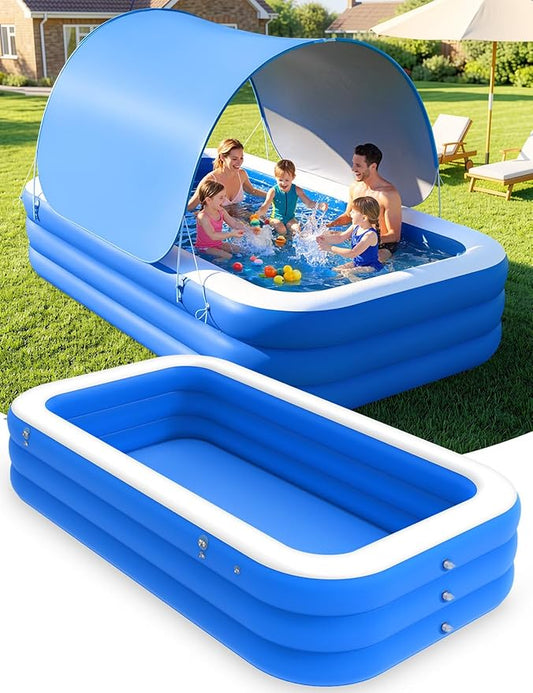 MoKo Inflatable Swimming Pool with Canopy, Large Blow Up Pool with Shade for Adults Kids Kiddie Toddler, 102" × 65" × 23" Big Foldable Family Above Ground Pools for Backyard Garden, Blue/White