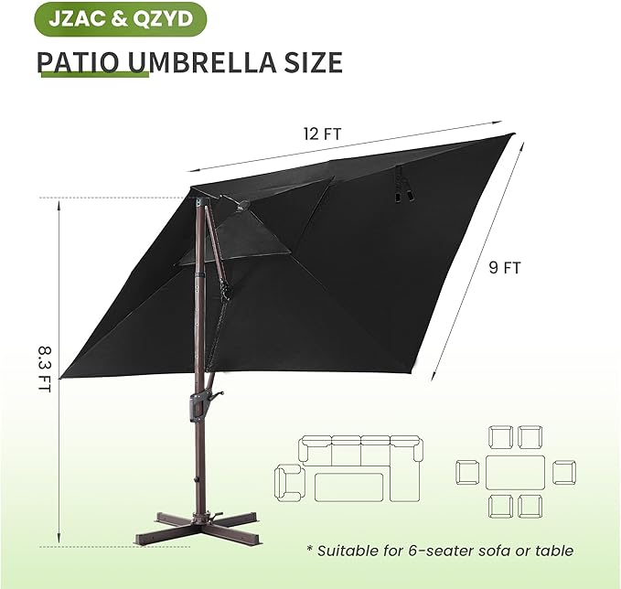 JZAC & QZYD 9x12 FT Outdoor Cantilever Patio Umbrella with LED Lights, Large Heavy Duty 2-Tier Aluminum Offset Umbrellas with 360-Degree Rotation for Pool Deck, Black