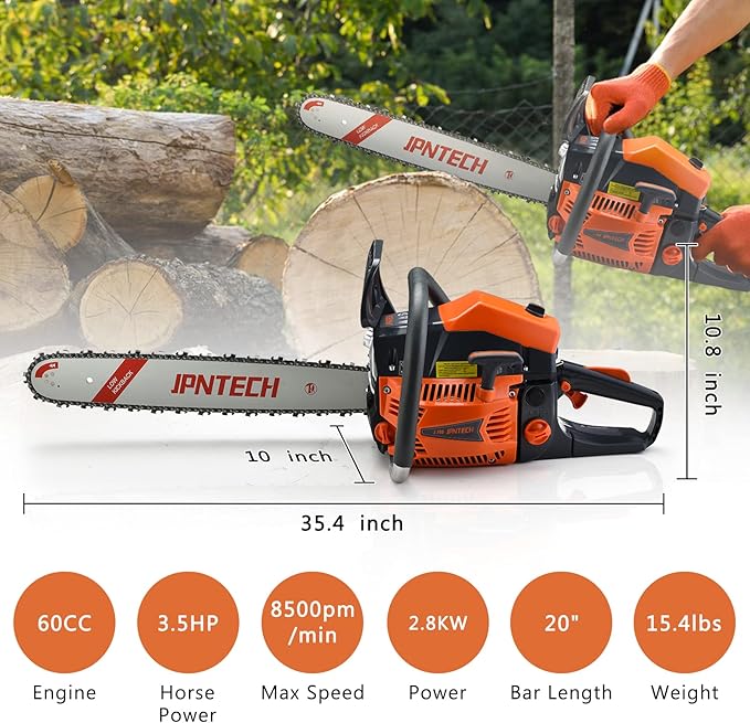 Gas Chainsaw 60cc 2-Cycle Gasoline Powered Chainsaw 20 Inch Handheld Cordless Petrol Chain Saws for Forest, Wood, Garden and Farm Cutting Use