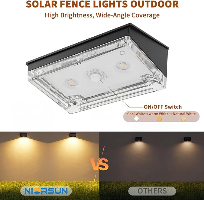 NIORSUN Solar Fence Lights 8 Pack, Outdoor Solar Lights with 3 Color Temperatures, IP65 Waterproof Wide-Angle LED Lighting for Fence, Patio, Yard, Deck, Wall, Garden (Black)