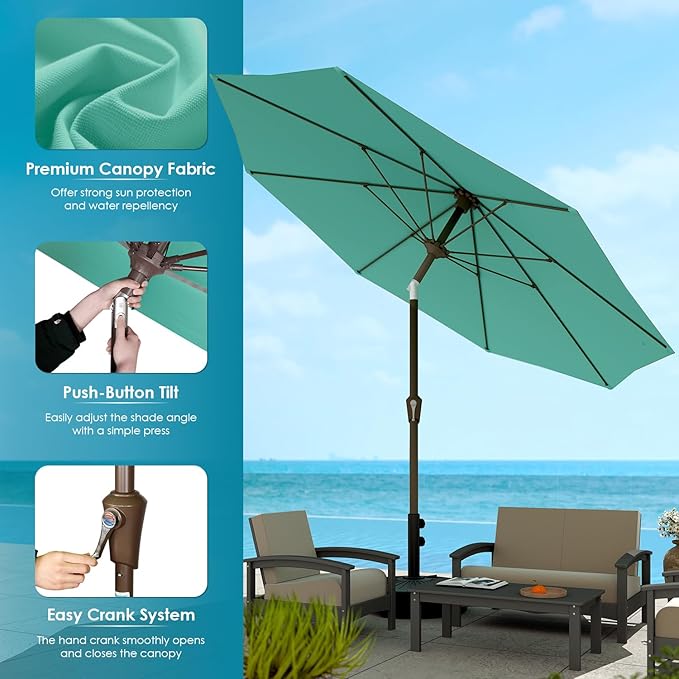 GREENVINES 9-FT-Patio-Umbrella | 8 Sturdy Fiberglass Ribs | Outdoor-Table-Umbrellas | Push Button Tilt & Crank | Waterproof | Market Umbrella | for Deck Backyard Pool Garden | Aqua