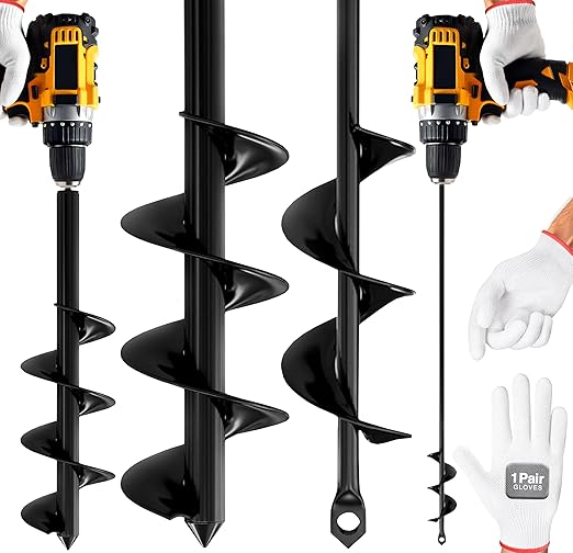 2pk Auger Drill Bit for Planting with Gloves (1.6 x 16 Inch & 3.5 x 16 Inch Set) - Heavy Duty Garden Spiral and Bulb Planter Tool for Digging Holes - Compatible with 3/8 Inch Hex Drive