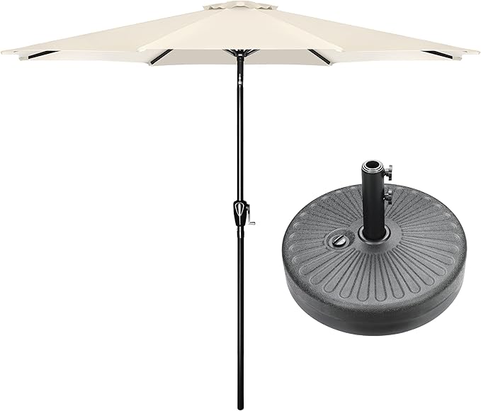 HealSmart 9' Patio Table Umbrella with Button Tilt, 8 Sturdy Ribs, 50lbs Base Stand Included, for Garden, Backyard, Deck, Pool, Beige