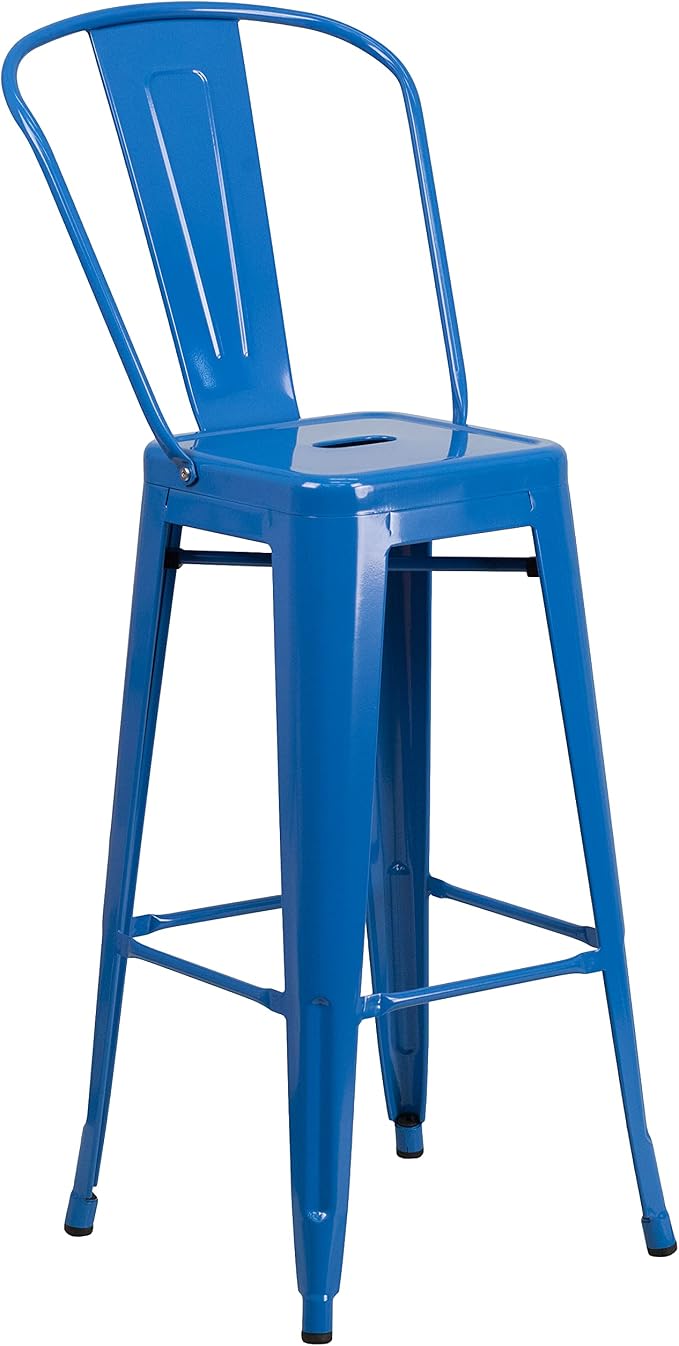 EMMA + OLIVER Commercial Grade 23.75SQ Blue Metal Indoor-Outdoor Bar Table Set-2 Stools-Backs