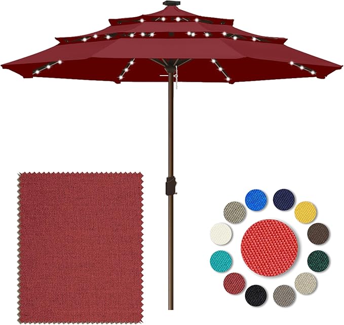 Eurmax USA 10-Year-Non-Fading 10FT 3-Tier Outdoor Patio Market Umbrella with LED Lights,UPF50+ UV Resistant,Commercial Grade,Crank Lift Design,Windproof Vented Top for Garden,Pool,Deck,Burgundy