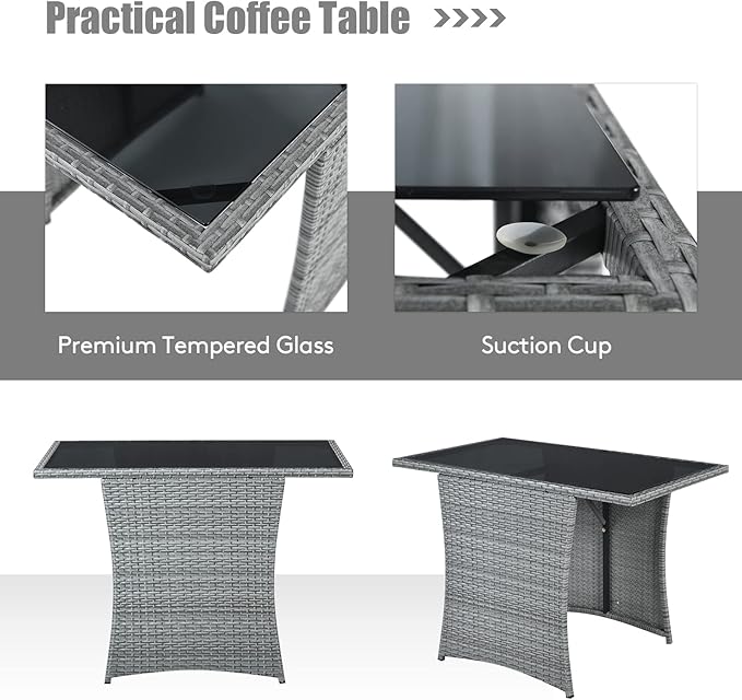 Tangkula 3 Pieces Patio Dining Set, Patiojoy Space-Saving PE Rattan Bistro Set with Tempered Glass Top Table and Cushioned Chairs, Outdoor Conversation Set for Garden, Backyard, Poolside, Porch