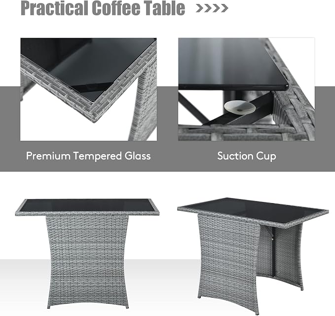 Tangkula 3 Pieces Patio Dining Set, Patiojoy Space-Saving PE Rattan Bistro Set with Tempered Glass Top Table and Cushioned Chairs, Outdoor Conversation Set for Garden, Backyard, Poolside, Porch