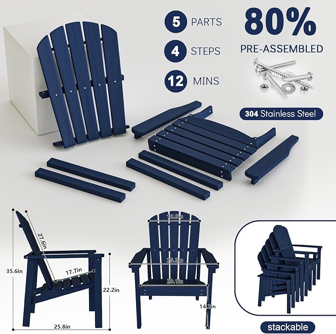 nevilywood Compact Stackable Adirondack Chairs Set of 4,HDPE,380lbs,Navy | 26.3" Wide HDPE.All-Weather Outdoor.Maintenance-Free.Stackable for Storage.25°Curved Straight Backrest.Quick Assembly