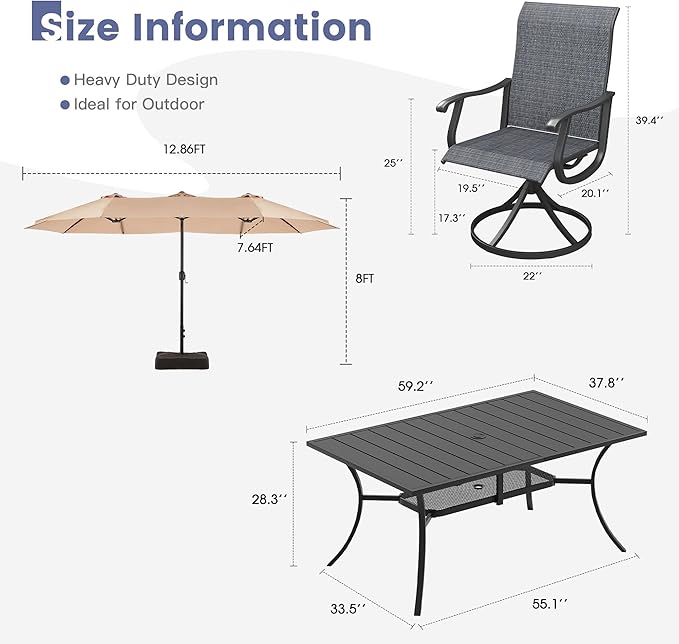 VICLLAX 8 Pieces Patio Dining Set with Patio Umbrella, 6 Patio Swivel Chairs and Metal Patio Table with 15ft Wheat Outdoor Umbrella for Backyard, Dark Charcoal Chairs & Black Tabletop