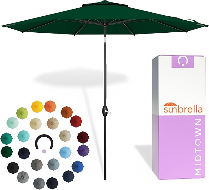 Midtown Umbrellas - The Lean 9 Ft Patio Umbrella with Fade-Resistant Sunbrella Fabric, Auto-Tilt Aluminum Frame and 8 Reinforced Ribs for Deck, Pool & Garden - Forest Green Canopy, Black Pole