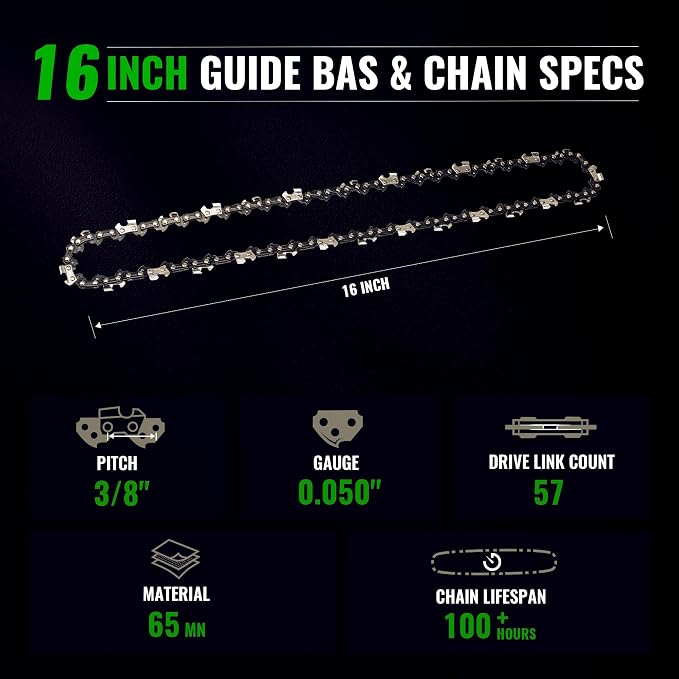 16" Chain Pitch: 3/8” Low Profile 57 Drive Links Replacement Chain For Electric Chainsaw Gas Chainsaw .050" Gauge