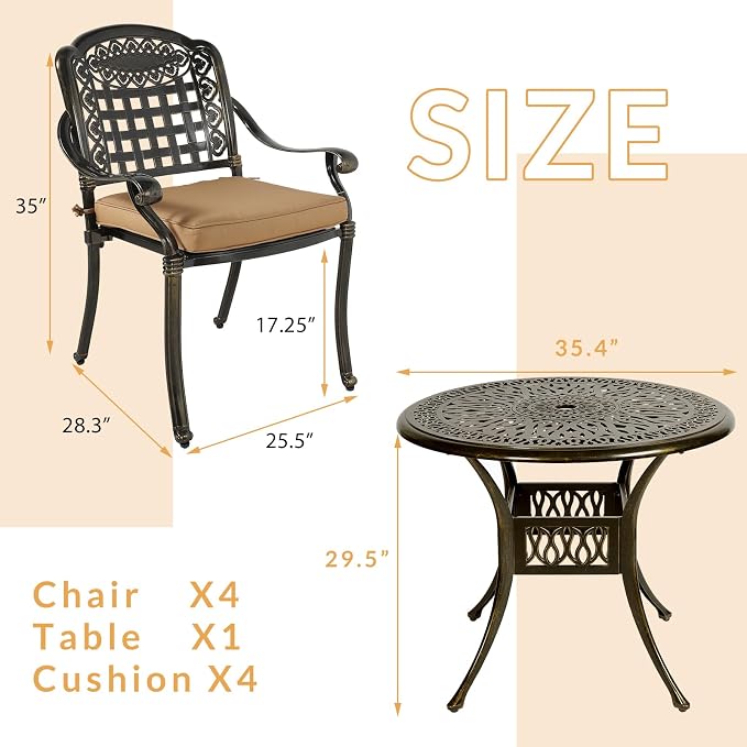 5-Piece Outdoor Patio Dining Set, All-Weather Cast Aluminum Patio Furniture Table and Chairs Set with 2" Umbrella Hole, 35.4" Round Table and 4 Chairs, 4 Cushions for Backyard Garden Deck